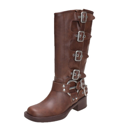 Belt Buckle Thick Heel Knight Boots Women's Autumn and Winter Retro Over-The-Knee Boots Western Cowboy Boots Brown Fashion Boots