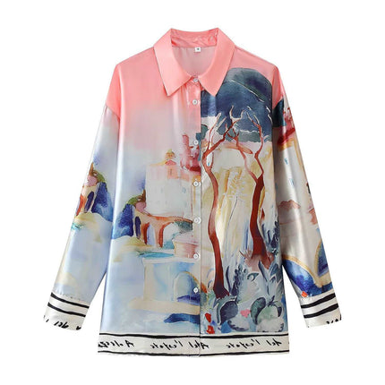 Lapel Long-Sleeved Elastic Waist Cross-Border Summer Women's New Spring Printed Shirt Buttons High-Waisted Shorts Positioning