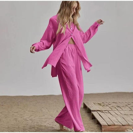 2024 European and American women's shirt pants set long sleeve lapel shirt and elastic pants 2 piece set fashion office suit