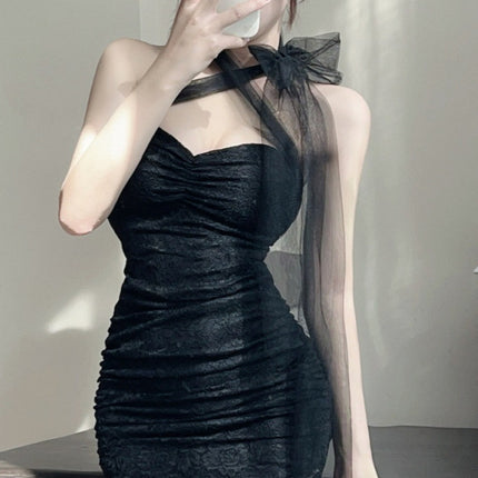 Real shot 8963 sexy sweet hot girl mesh stitching lace hanging neck dress night foot bath technician overalls women