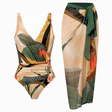 2025 new European and American foreign trade one-piece conservative belly backless sexy swimsuit chiffon beach dress cross-border explosions