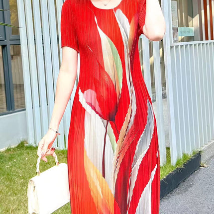 Miyake pleated 2025 summer new temperament round neck printed pleated skirt fashion waist thin magic dress
