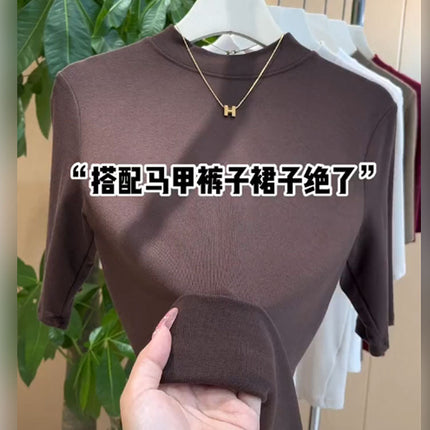 Half Turtleneck Mid-Sleeve T-Shirt for Women Spring & Fall New Suit with Bottoming Shirt Slimming Look Elastic Versatile Three-Quarter Sleeve Top