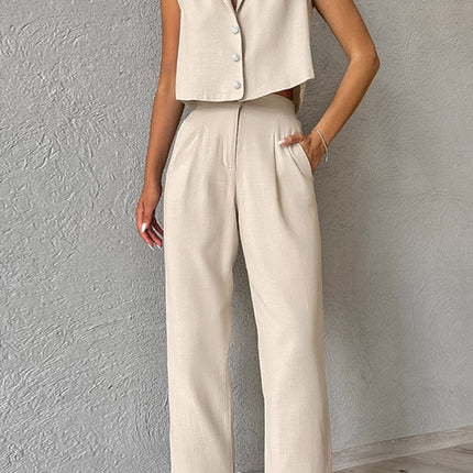 2026 Summer Fashion Business Suit European and American Style Khaki Cotton Linen Sleeveless Blazer Vest and Long Pants Two-Piece Women's Set
