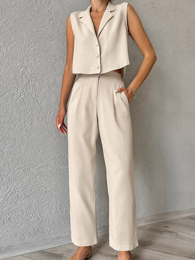 2026 Summer Fashion Business Suit European and American Style Khaki Cotton Linen Sleeveless Blazer Vest and Long Pants Two-Piece Women's Set