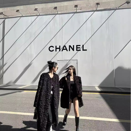 Imitation Sheep Curly Fur Coat Women's Long Black Curly Warm Coat with Collar