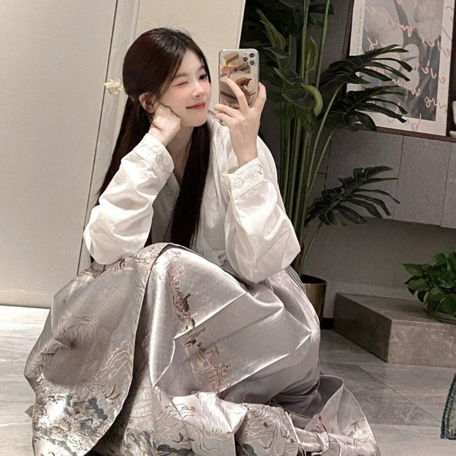 New Chinese Style National Style suit Spring Dress with a Set of Fashionable Western Style Shirt Hanfu Improved Horse-faced Skirt Two-piece Set