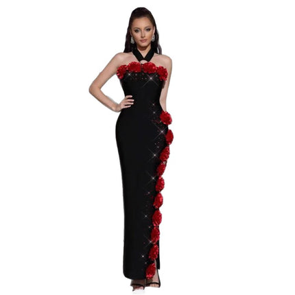 European and American Cross-Border New Fashion Halter Neck Flower Diamond Elegant Elegant Lady Bandage Women's Dress Evening Dress
