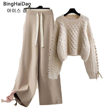 plus size Women's Autumn and Winter suit Women's 2024 New Pullover Knitted Sweater Women's Loose Slimming Wide Leg Pants Two-piece Set