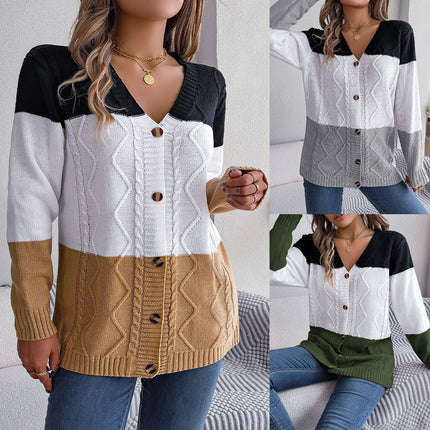 Big Sale Real Shot Autumn and Winter Casual Contrasting Color Button Long-Sleeved Sweater Cardigan Jacket Independent Station Cross-Border Women's Clothing