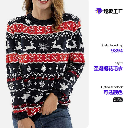 2025 Autumn and Winter European and American Christmas Pullover Jacquard Sweater Christmas Elk Snowflake Element Round Neck Knitted Couple Outfit