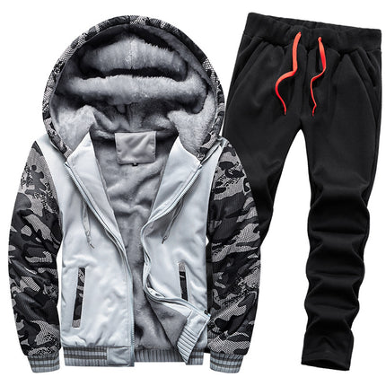 Foreign trade fleece-lined sweater suit men's thickened warm cardigan two-piece set autumn and winter sports casual hooded men's clothing