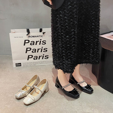 Bow Rhinestone Thick Heel Mary Jane Pumps for Women 2025 New French Champagne Color High Heels for Women with Skirts