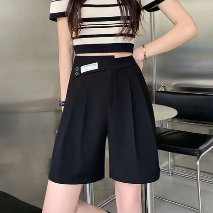 Ice Silk Suit Shorts Women's Summer Thin Five-quarter Pants Loose Wide-leg High-waisted Large Size Double-button Straight Slim Mid-pants