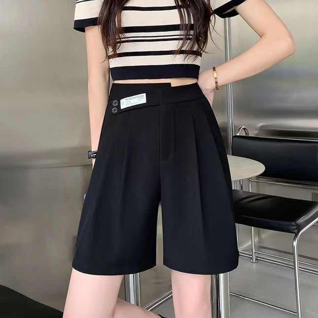 Ice Silk Suit Shorts Women's Summer Thin Five-quarter Pants Loose Wide-leg High-waisted Large Size Double-button Straight Slim Mid-pants