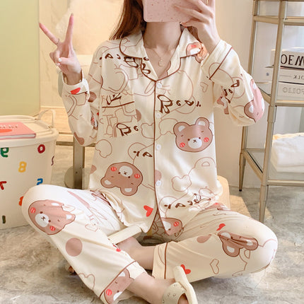 [Factory Wholesale] Women's Pure Cotton Pajamas, Spring and Autumn Style, Long-Sleeved, Long Pants, Can Be Worn Outside, Sweet Student Homewear Set
