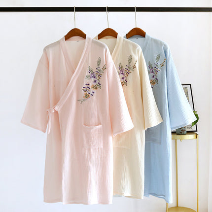 Pure Cotton Double-layer Gauze Embroidered Nightgown Women's Spring and Summer Thin Cotton Crepe Mid-length Kimono Bathrobe Sweatshirt