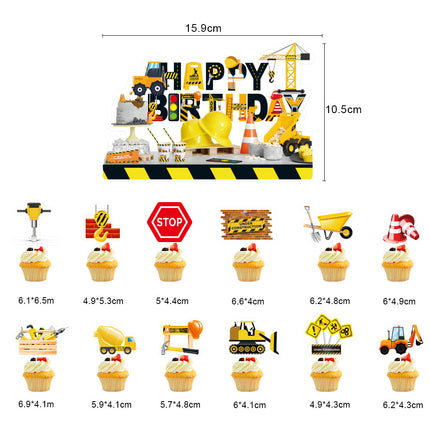 New Cartoon Engineering Vehicle Theme Birthday Party Decoration Flag Cake Insert Excavator Banner Egg Sign Set