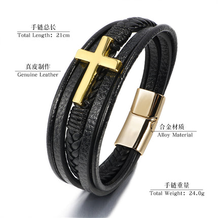 Cross-Border Hot Selling European and American Cross Leather Bracelet Men's Multi-Layer Hand-Woven Rope Magnet Buckle Genuine Leather Bracelet