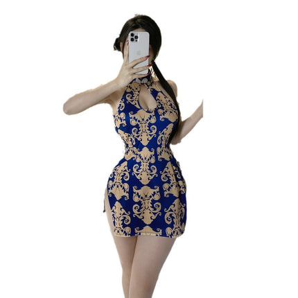 Sling Nightgown Classical Printed Cheongsam plus size Chest-exposed Sexy Sexy Uniform No Opening Slit Pure Desire Nightgown 2492
