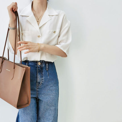 Summer Special Offer: Retro Simple Suit Collar White Short-Sleeve Silk Shirt for Women, Sand-Washed Double-Pocket Shirt with Metal Buttons