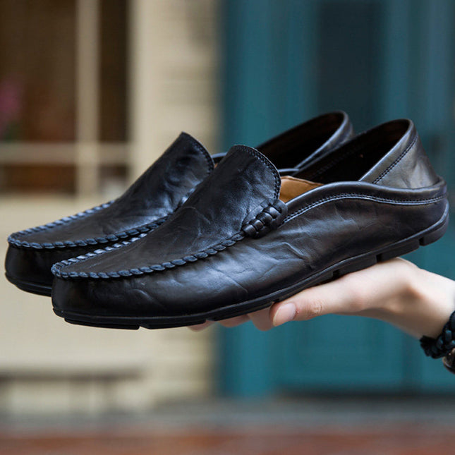 Doug Shoes Men's Genuine Leather Casual Shoes Summer Breathable Soft Bottom Driving Cowhide Slip-on Lazy Shoes for Business All-Match