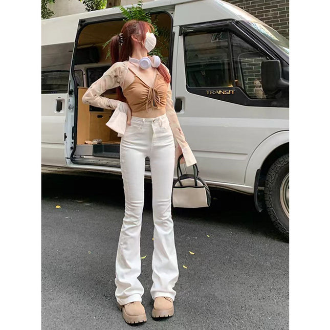 American-Style White High-Waisted Flared Jeans for Women, Spring and Autumn, Plus-Size, Stretchy, Slimming, Floor-Length Bootcut Pants
