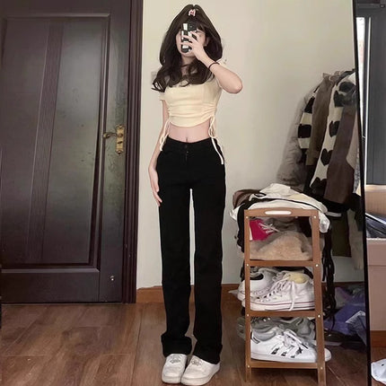 Black High Waist Straight Jeans Women's Trendy All-match New Slim-fit Slimming Smoke Pipe Stack Narrow Wide-leg Trousers