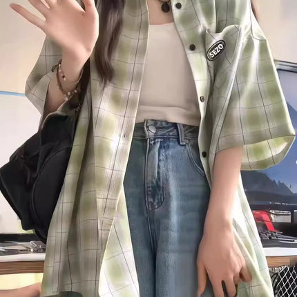 Green Plaid Short Sleeve Shirt Women's Summer New Shirt Jacket Design Sense Niche Shirt Factory Wholesale Foreign Trade
