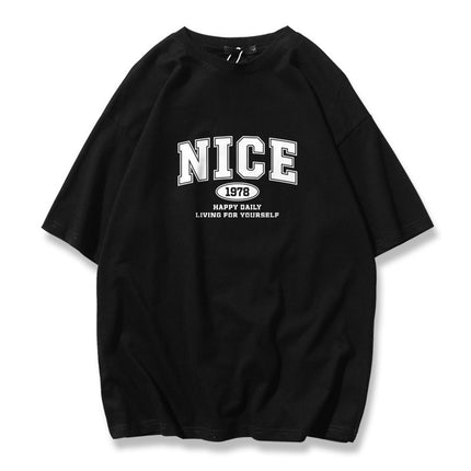 Trendy Autumn Men's Short-Sleeve T-Shirt, Pure Cotton, Round Neck, Plus Size, Loose Fit, Navy Blue