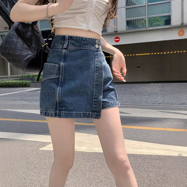 Plus Size Fat mm High Waist Asymmetrical Denim Shorts Women's Spring New Pear-Shaped Figure Design A-Line Skirt Pants