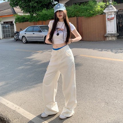 White Retro High Waist Multi-Pocket Wide Leg Crowd Pants Women's Spring and Autumn New Loose Slimming All-match Dipped Pants