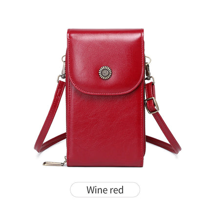 New RFID Women's Mobile Phone Bag Retro Oil Wax Leather Vertical Crossbody Mobile Phone Bag All-match Mini Shoulder Bag