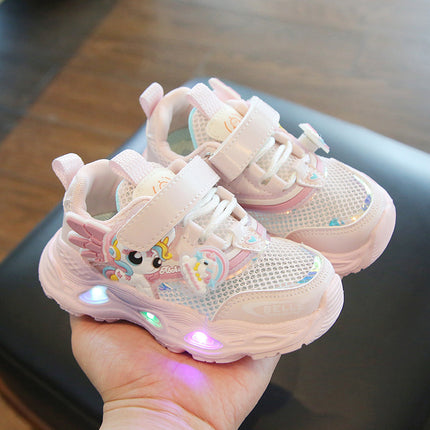 2025 spring and summer new wholesale girls running shoes with lights cartoon mesh fashion hook and loop sneaker for children