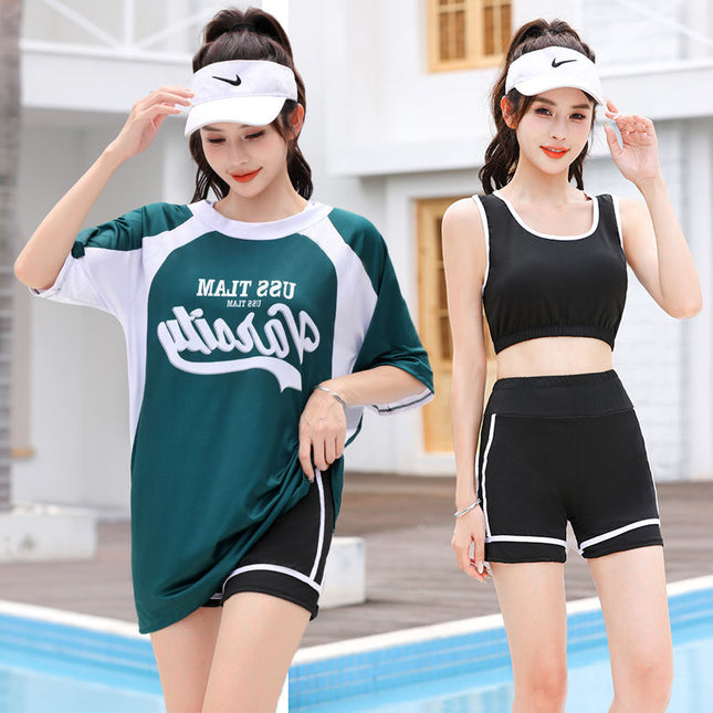 Swimsuit Women's Split Blouse Mid-Sleeve Sun Protection Sports Three-Piece Set Belly Covering Conservative Hot Spring Swimsuit for Girls and Students