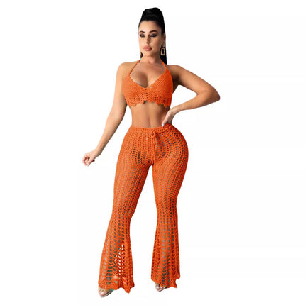 AJ4362 European and American Women's Wear Hollow Perspective Two-piece Set Beach Style Grid Pure Handmade Hook Sexy Fashion Suit
