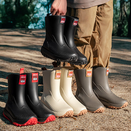 Cross-Border Men's Mid-Calf Outer Rain Boots Thickened Non-Slip Particle Sole Rain Boots Fishing Shoes Rubber Shoes Waterproof Car Wash Shoes