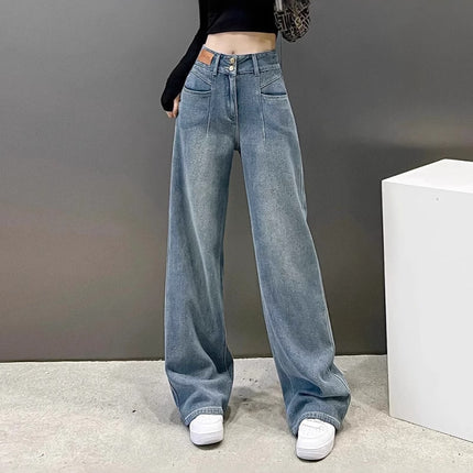 Vintage Blue Jeans for Women, Thin Style, Summer 2025 New Model, Petite Loose Straight Wide-Leg Floor-Length Pants