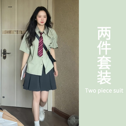 Korean style college style ootd wear women's summer small fresh green striped short sleeve shirt sweet JK pleated skirt