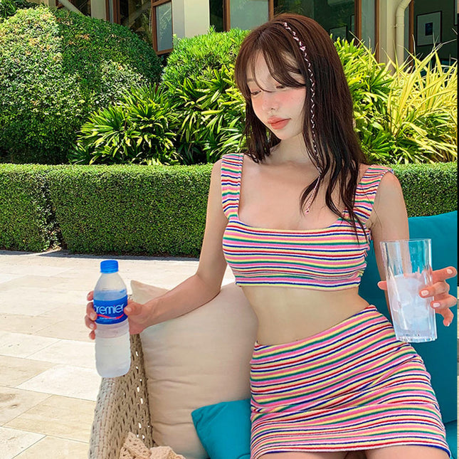 New Swimsuit Women's Conservative Stripe Split High-end Small Chest Bikini Vest Flesh Covering Slim Hot Spring Swimsuit