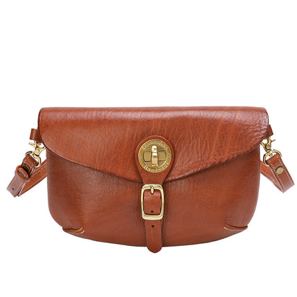 Genuine Leather Vintage Saddle Bag Thick Soft Vegetable Tanning Top Layer Leather Crossbody Dumpling Bag Korean Casual Brass Hardware 32008