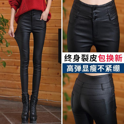 Matte Leather Pants for Women, Versatile High-Waisted Autumn and Winter Velvet Thickened Slimming Look Leggings for Women, Popular Outer Wear Black Leggings