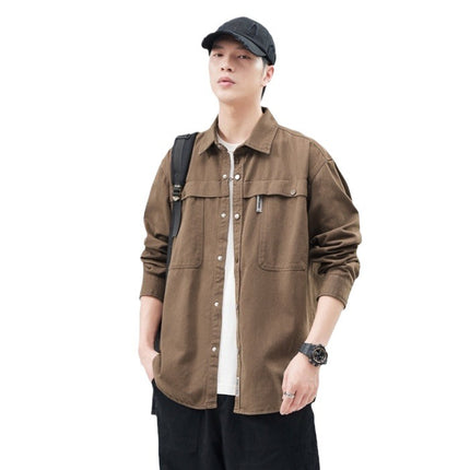 Heavy Wash Cotton Japanese Style Retro Fashional Brand Loose Casual Shirt Jacket Brown in stock Single Square Collar