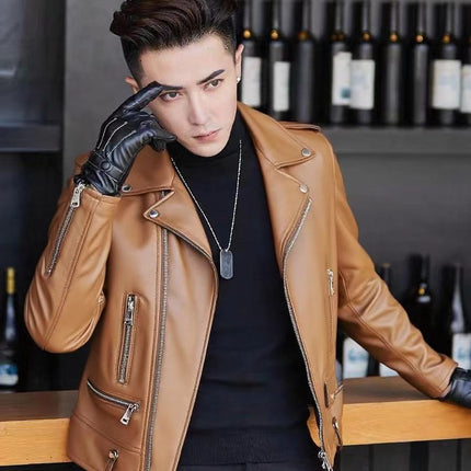 Men's Pu Leather Jacket Men's High-End 2025 New Spring & Fall Korean Style Slim Trendyy Motorcycle Jacket Men's Leather Jacket