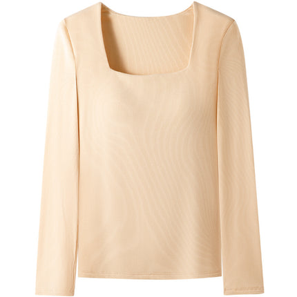 Women's Autumn and Winter Warm Tops with Built-In Bra Pads, Sexy Square Neck, Double-Sided Brushed Bra Integrated Base Layer Shirt