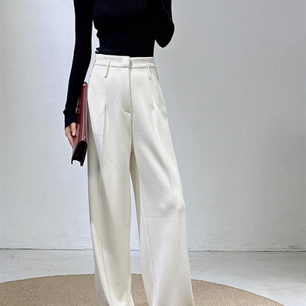 Autumn and winter new white pants with acetate wool high waist wide leg pants women's wool suit pants tall soft waxy