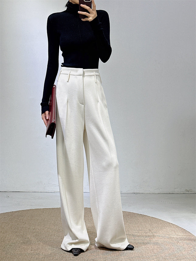 Autumn and winter new white pants with acetate wool high waist wide leg pants women's wool suit pants tall soft waxy