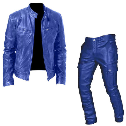 Foreign Trade Autumn and Winter Men's Cosplay Suit Leather Jacket and Leather Pants Two-Piece Set Pu Leather Casual Suit Medieval Clothing
