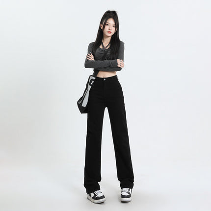 High waist pants jeans women's YKK zipper inner clothesline narrow straight pants slimming high elastic pipe pants