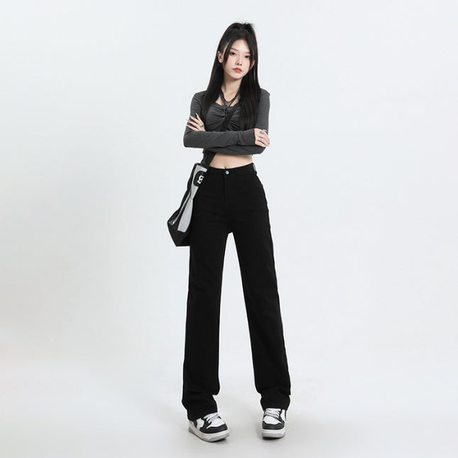 High waist pants jeans women's YKK zipper inner clothesline narrow straight pants slimming high elastic pipe pants